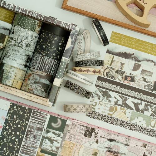 Vintage Washi Tape Set - 24 Rolls Arts Adhesive Tapes Assorted Retro Decorative Masking Tape Sets for Craft, Kids, Scrapbook, DIY, Gift Wrapping (9-Monochrome Mood) - color: 9-Monochrome Mood