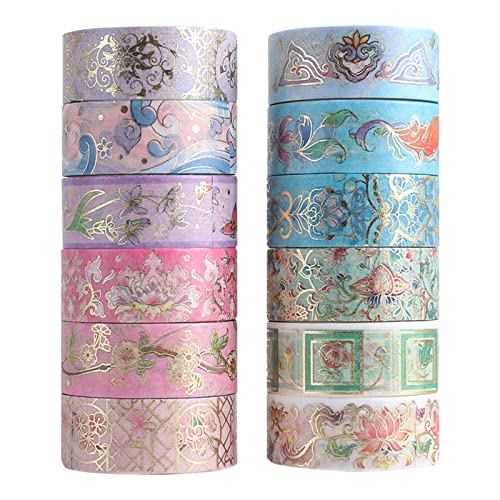 12 Rolls Floral Washi Tape Set, Gold Foil Flower Decorative Washi Masking Tape, Botanical Washi Tape for Scrapbooking, Journal, Planner, DIY Crafts, Gift Wrapping - color: Floral