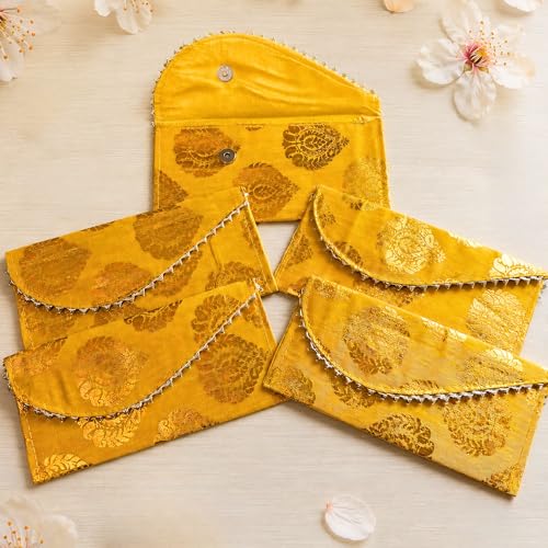 LoveNspire Brocade Fabric Money Envelopes (8 x 4 Inch) Decorative Floral Pattern Shagun Lifafa for Indian Wedding, Birthday | Cash Gift Holder & Home Savings Organizer Yellow/Pack of 20 - color: Floral Yellow, size: Pack of 20