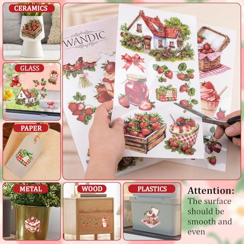 WANDIC 3 Sheets Rub on Transfer Stickers, Strawberry Idyllic Waterproof Transfer Decals Picnic Fruit Stickers for Crafts Furniture DIY Crafts Decoration,15 * 30cm - color: Strawberry