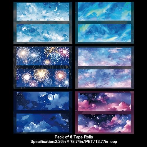 PET Tape Stickers for Journaling Supplies, Sky Tape Stickers for Scrapbook | Cloud 6Rolls Decorative Sky Cloud Star Themed Journal Stickers for Scrapbooking, Journaling, Junk Journal Supplies,Planner - color: Island