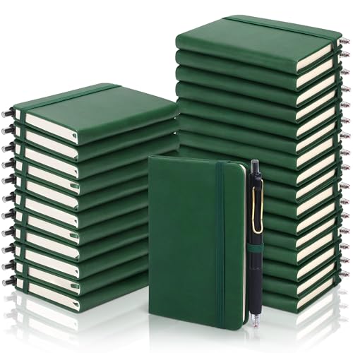 Aodaer 50 Sets Pocket Notebook Journal with Pens, 160 Pages, 3.5 x 5.5 Inch Mini Lined Journal Notebook A6 Leather Hardcover College Ruled Notepad with Pen Holder for School Office Gifts, Dark Green - color: Dark Green