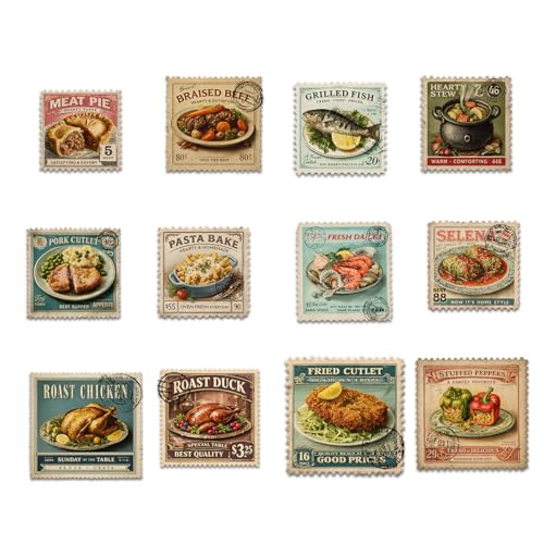 (12pcs-3in) Vintage Postage Stamp Stickers Dinner Recipe Pack - color: Vintage Retro Food
