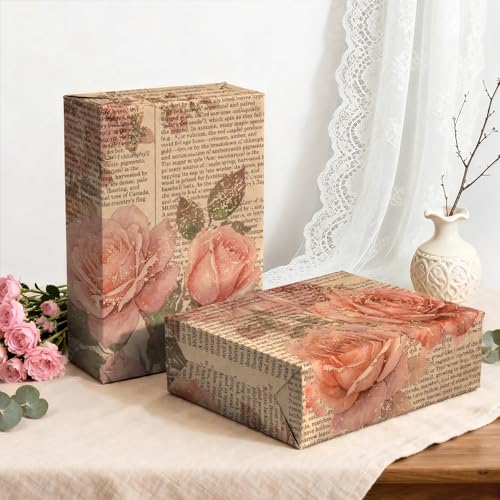 WRAPAHOLIC Kraft Vintage Floral Wrapping Paper - Mini Roll - 17 Inch x 16.5 Feet - Retro Rose Flower Letter Print Newspaper Kraft Wrapping Paper for Birthday, Wedding, Bridal Shower, Anniversary - color: Floral Letter - Red