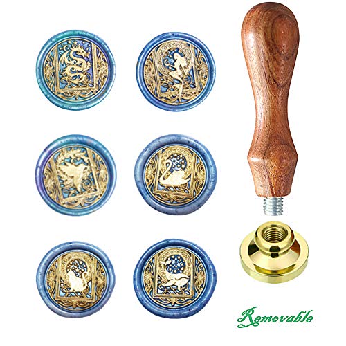 Wax Seal Stamp kit, ANBOSE Starry Animal Wax Seal Stamp Set with 6 PCS Removable Brass Heads and 1 Wooden Handle, Retro Vintage Dragon Mermaid Swan Hummingbird Cat Whale Sealing Wax Stamp for Craft - size: 6 PCS wax seal stamp 1
