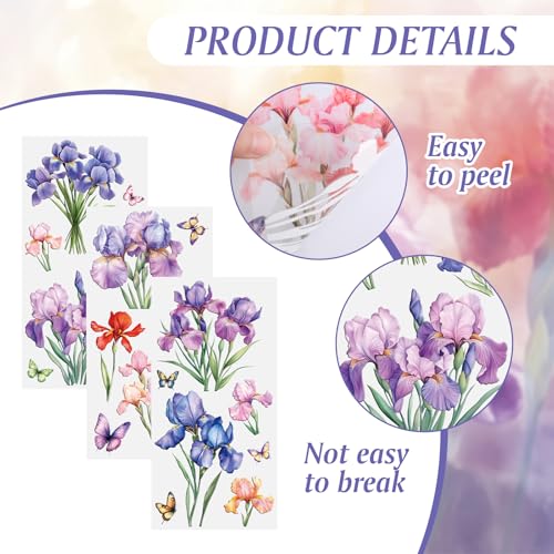 Flower Rub on Transfers for Furniture, 3 Sheets Iris Floral Decor Transfer Stickers UV DTF Waterproof for Wood Bedroom Living Room DIY Home Office Decoration - color: Purple Iris
