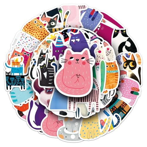50 PCS Illustrated Cat Stickers, Waterproof Vinyl Cartoon Illustration Cat Decals for Laptop, Luggage, Skateboard, Phone, Fridge, Trendy Stickers for Teens, Adults, Boys and Girls (cat) - color: Cat