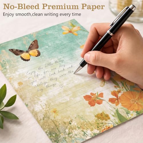 50 Pcs Stationery Paper Envelopes Set,No-Bleed Lined (6Style) | Includes 24 Unlined Writing Paper & 24 Envelopes & 24 Stickers, Vintage Butterfly Letter Writing Stationery Paper Envelopes - color: Vintage Butterfly
