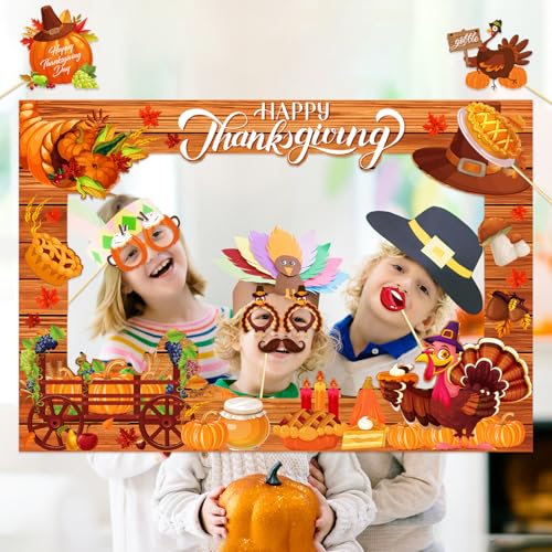 Qpout Happy Thanksgiving Photo Booth Props with Selfie Frame, Funny Turkey Party Props for Feast Give Thanks Fall Harvest Party Decorations