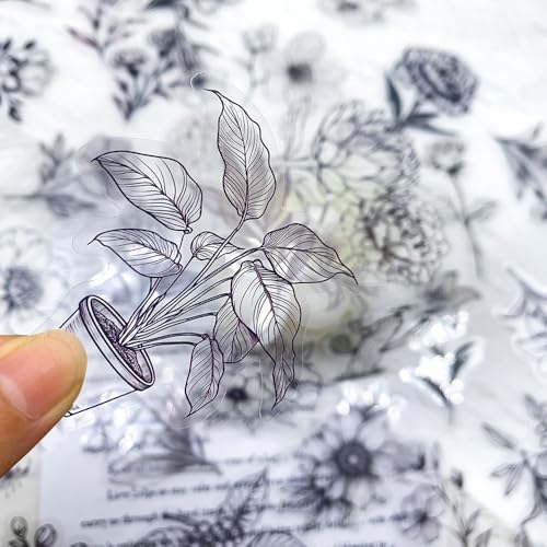 50Pcs Black Transparent Waterproof Plant Stickers for Scrapbooking, Journaling & Crafts – Floral & Botanical Decals for Resin Art Projects, Planners, Cards, Gifts - color: Black Plants