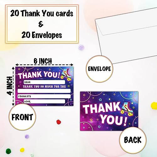 Roller Skate Thank You Cards, Neon Glow Fill In The Blank Thank You Card, Thank You Notes for Boys Girls, Skating Birthday Party Favors Supplies (20 Set of Cards with Envelopes) - B04 - color: Neon Glow