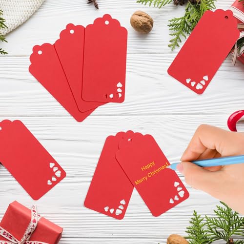 G2PLUS Red Gift Tag, 100PCS Hollow Heart Gift Tags, 1.8x3.7 in Blank Labeling Hanging Tag, Red Paper Tags with String for Present Wrapping, Valentines, Christmas, DIY Arts & Crafts - style: 5 Hollow Heart Red