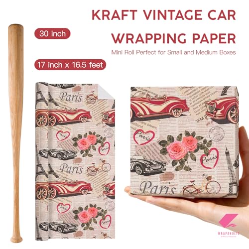 WRAPAHOLIC Kraft Vintage Car Wrapping Paper Roll - Mini Roll - 17 Inch x 16.5 Feet - Retro Paris Classic Car and Rose Newspaper Wrapping Paper for Birthday, Wedding, Anniversary, Bridal Shower - color: Kraft Newspaper - Paris & Car