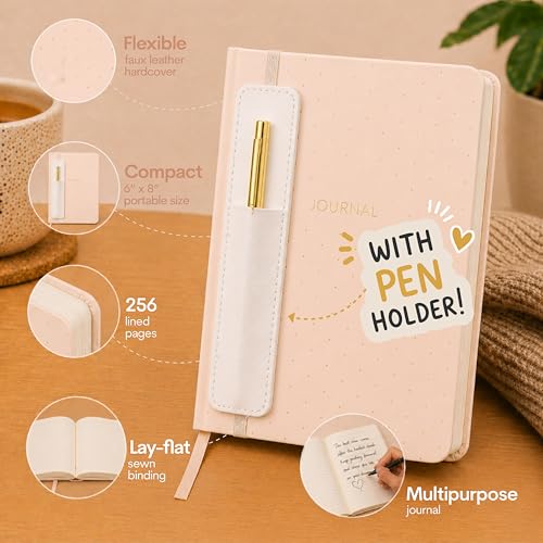 WORLD TRAVELER Eccolo A5 Lined Journal 256 Ivory Pages Lay Flat 6x8 - color: Pink with Pen
