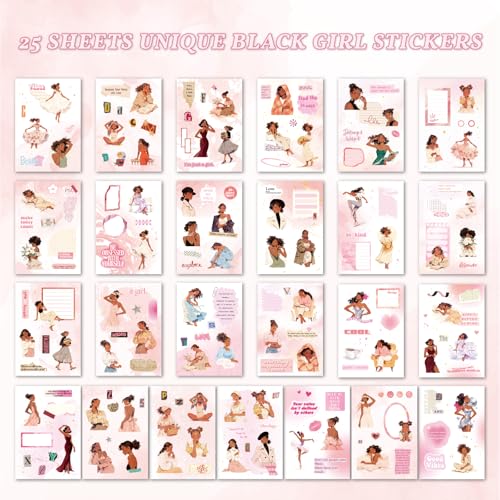 25 Sheets Fashion Black Girl Scrapbook Stickers, Junk Journal Supplies | 200+ Pcs Vinyl Waterproof Aesthetic Inspirational - color: Black Girls