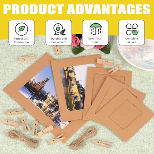50 Set Brown Paper Picture Frames, Includes 3" 4" 5" 6" 7" Cardboard Hanging Photo Frames with Wooden Clips, Strings for Home Decor - color: Brown, size: 5 Sizes