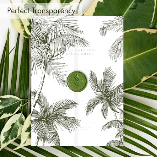 50 Pack Pre-Folded Vellum Jackets for 5x7 Invitations,AZAZA Translucent Invitation Sleeves,115GSM Vellum Jackets 5x7, Wedding Invitation Accessories, for Weddings Birthdays,Green Palm Tree - color: 50Pack--Green Palm Tree
