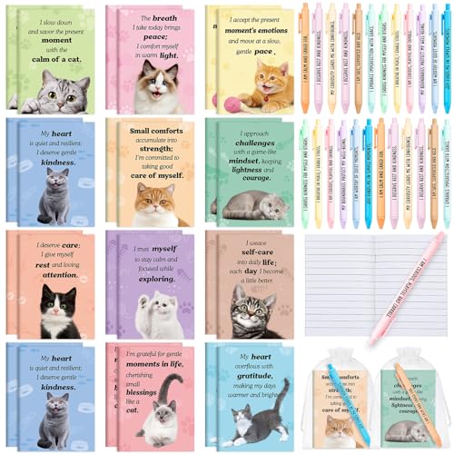 Mooliwe 48 Pcs Affirmation Notebooks Pens Bulk Gifts, Gratitude,Cat | Small Bags Included, Motivational Notepads for Women, Daily Affirmations Journal, Stress Relief Self-care, Employee Rewards - style: Cat