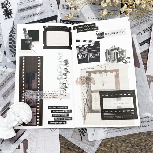 Vintage Washi Stickers Book for Journaling, 180pcs Aesthetic Film Journal Stickers and 20 Sheets Adhesive Scrapbook Papers for Junk Journal Supplies Ephemera Sticker Book for Adults DIY Art Crafts - color: Film