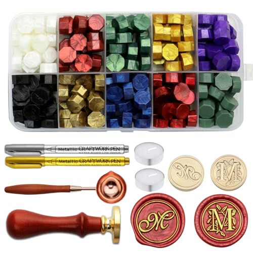 Letter Wax Seal Stamp Kit - Initial Alphabet M Stamp Head 2pcs, Vintage Monogram Stamps Wax Seal Kit with 200pcs Assorted Sealing Beads, Spoon, Metallic Gold Silver Pens - style: Letter M Wax Seal Stamp Kit