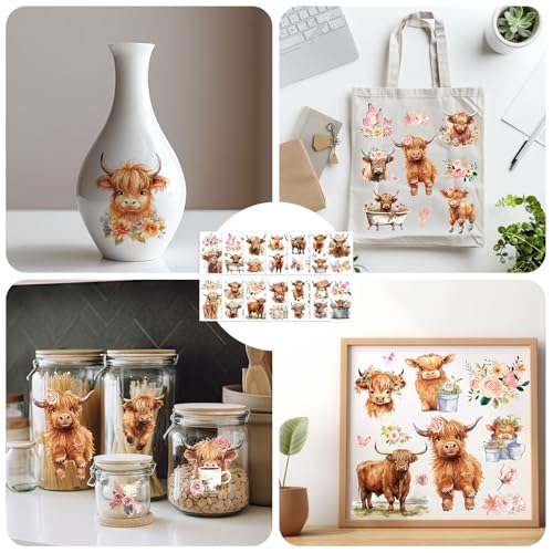 Whaline 12 Sheet Highland Cow Rub on Transfers Pink Floral Brown Cow Transfer Stickers Rustic Furniture Decals for Home Office Paper Wood DIY Crafts, 5.9 x 5.9 Inch - style: Highland Cow