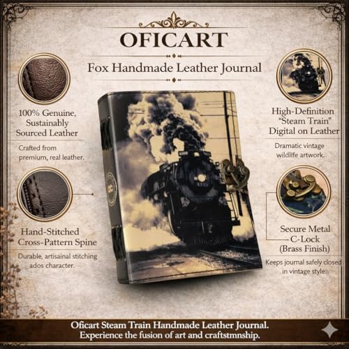 Oficart Handmade Leather Journal – Vintage Diary with Antique Lock & Eco-Friendly Cotton Paper | Celestial Notebook for Writing, Sketching, Travel, Art, Poetry, Spiritual & Gift Use (Steam Train) - color: Steam Train