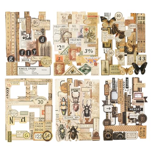 180 Pcs Vintage Ephemera Stickers for Scrapbooking | Tickets, labels, stamps, rulers, butterflies, beetles and cameras on paper for journaling, collages and mixed media - color: Retro Memories