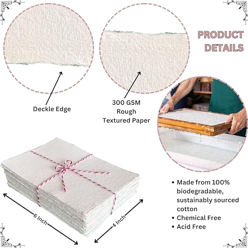 300 GSM Deckle Edge Cotton Paper - Soft, Textured Handmade Sheets for Invitations, Artwork, Stationery, and DIY Crafting (Pack of 25) (4 x 6 inch) - size: 4 x 6 inch