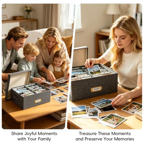 Linen Photo Storage Box with Lid & Dividers, Decorative Photo Organizer Box with Side Handle for up to 1700 4x6 Pictures, Memory Keepsake Organizer for Family Baby Photos, Cards, Letters, Crafts, Grey