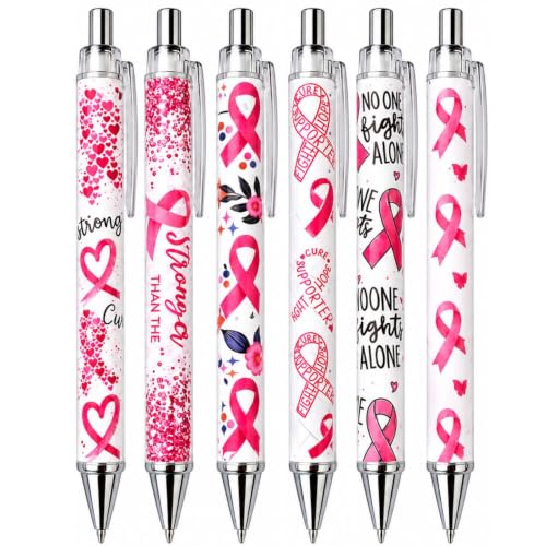 YJ PREMIUMS 6PC Pink Breast Cancer Awareness Black Ink Ball Point Writing Pens Ribbon Bress Breat Pen School Desk Decor Office Supplies Accessories Items Bulk Gift Gifts for Women Nurse Girls - style: Breast Cancer Awareness