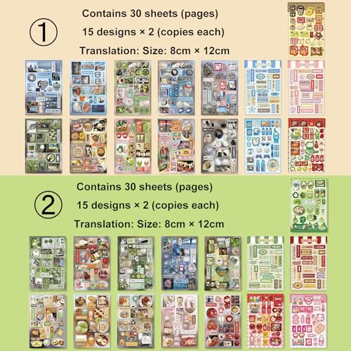 Japanese Kawaii Sticker Book 2 Pack, Die-Cut Cute Food & Manga Style Aesthetic Stickers for Journaling, Scrapbooking, Planners, Junk Journal Supplies (A+B) - color: A+b