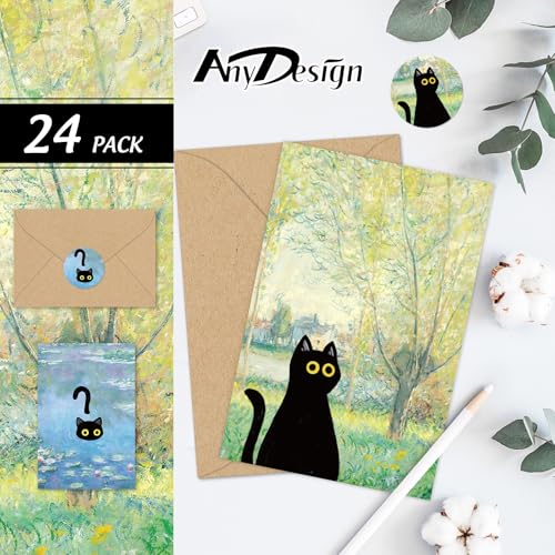 AnyDesign 24 Pcs Monet Black Cat Painting Greeting Cards Blank Note Cards 6 Style Famous Oil Painting Blank Note Card with Envelope Stickers for Spring Birthday Party Invitations, 4 x 6 Inch