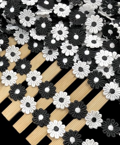 15 Yards Daisy Flower Lace Trim Embroidered Floral Lace Sewing Trim Ribbons for Embellishment Craft Dress Hair Accessories Decorations(Black/White) - color: Black+White