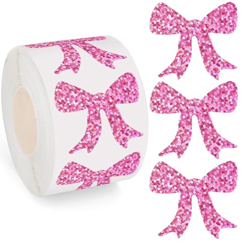 500Pcs Pink Bow Stickers Roll 1.2in Large Glitter Vinyl Stickers Sparkly Pink Bow Label Tag Self-Adhesive Classroom Reward Waterproof Decals for Bottle Birthday Party Envelopes Decorations - color: Pink Bow