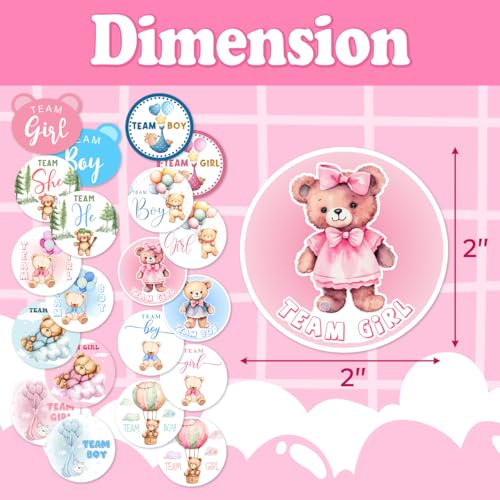 Pack 90 Pcs Team Boy Or Team Girl Stickers for Gender Reveal Party Favors Kids Boys Girls Toddlers Baby Shower Funny Aesthetic Cute Bear Sticker Round Waterproof Vinyl Decals Bulk - color: Bear A20