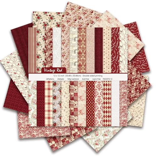 Boho Scrapbook Paper 12x12 - 24 Sheets Flower Patterned Cardstock Paper Pads,Coloured Double-Sided Decorative Craft Papers Pack for Scrapbooking, Junk Journaling, and Card Making (Vintage Red) - color: Vintage Red