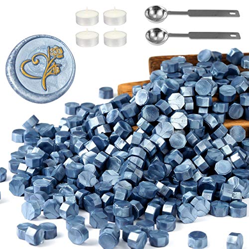 Yoption 360 Pcs Blue Sealing Wax Beads Set for Wax Seal Stamp with Candles and Melting Spoon - color: Metallic Blue