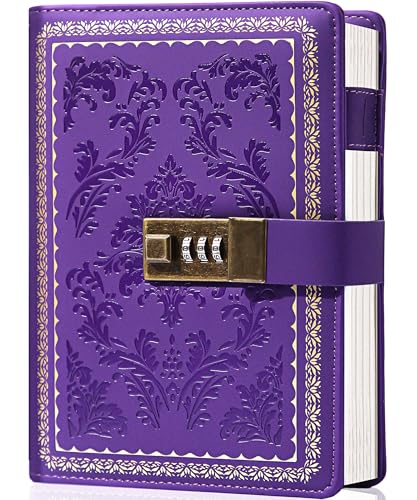 Yoment Lock Diary Vintage Journal with Lock for Women Leather Diary,Purple | Refillable Personal Locking Journal for Writing,Gifts Box,Grils Kids Secret Password Notebook Journal with Pockets 5.5x7.8 - color: Purple