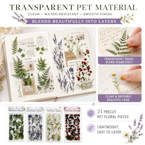 24 Sheets Precut Clear PET Pressed Flower Stickers for Crafts, Scrapbooking | Transparent Wildflower Floral Stickers for Journaling, Junk Journal Supplies, Planner, Collage and Card Making - color: Diecut Pet Flowers Stickers Sheets