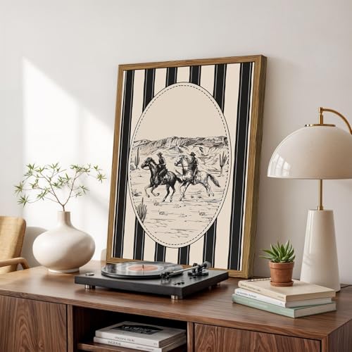 Western Cowboy Drawing Wall Art Black and white Cowboy Stripe Wall Decor Painting, Vintage Rodeo Sketch Poster Canvas Print Picture for Living Room Bedroom 12x16 inch Wood Framed - color: Cowboy A, size: 16"L x 12"W