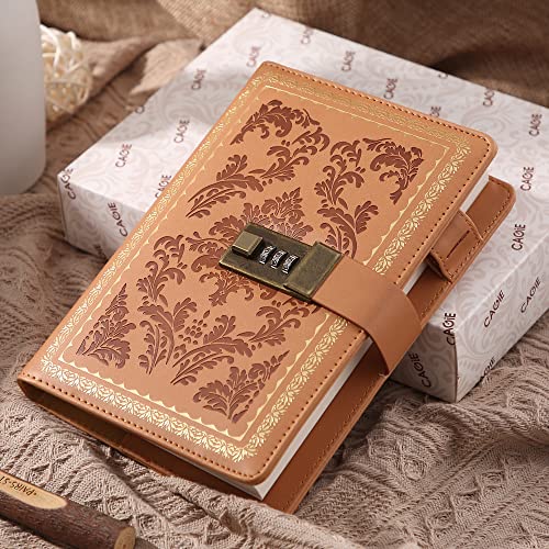 Yoment Lock Diary Vintage Journal with Lock for Women Leather Diary,Brown | Refillable Personal Locking Journal for Writing,Gifts Box,Grils Kids Secret Password Notebook Journal with Pockets 5.5x7.8 - color: Brown