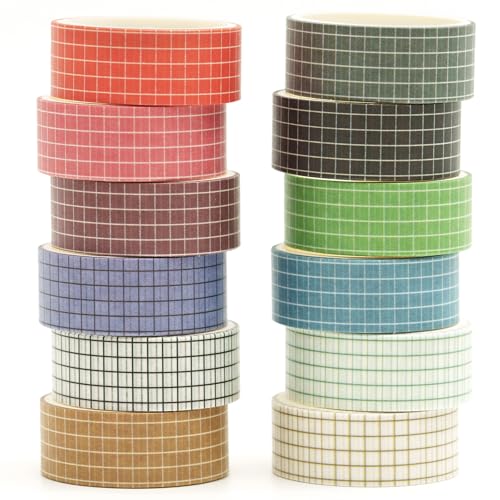 12 Rolls Grid Washi Tape Set Plaid Arts Adhesive Tapes Basic Patterns Decorative Masking Tape Sets for Craft, Kids, Scrapbook, DIY, Gift Wrapping (Style One) - color: Style One