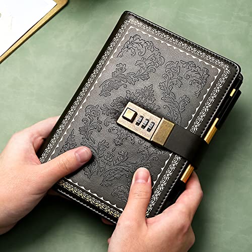 Yoment Lock Diary Vintage Journal with Lock for Women Leather Diary,Black | Refillable Personal Locking Journal for Writing,Gifts Box,Grils Kids Secret Password Notebook Journal with Pockets 5.5x7.8 - color: Black