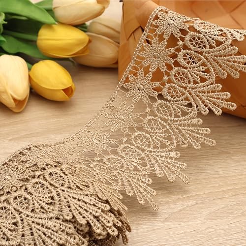 GXTIZAS Gold Lace Trim 3.2 Inch Wide Lace Ribbon for Sewing | scalloped embroidery for vintage weddings, costumes, pillows, curtains, gift décor and romantic DIY creations Crafts - color: Golden