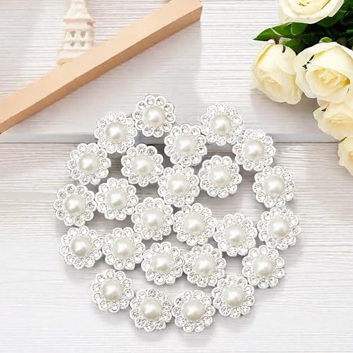 50 pcs Rhinestone Faux Pearl Buttons, Silver, 14mm - color: Silver