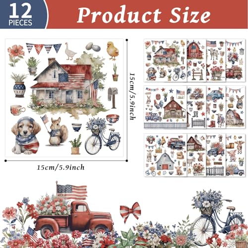 party greeting 12 Sheets 4th of July Rub on Transfers for Crafts and Furniture Patriotic Transfer Stickers Independence Day Rub On Decals for Memorial Day DIY Wood Paper Home Decor 5.9 x 5.9in