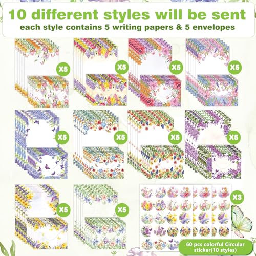 160 Pcs Stationery Paper Envelopes Set | Includes 50 Writing Paper & 50 Envelopes & 60 Stickers, Lovely Floral Letter Writing Stationery Paper Envelopes(10Style) - color: Wildflower 1