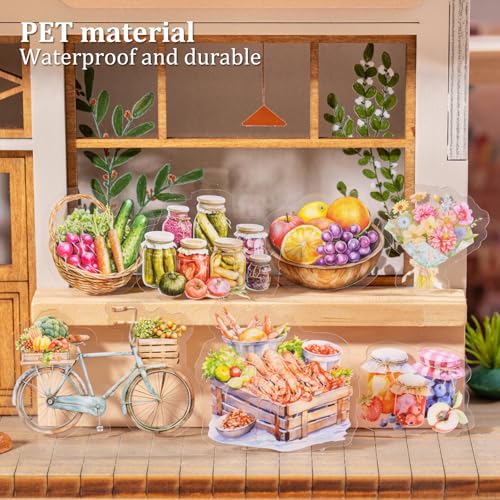 80 Pcs Farmers Market Stickers for Scrapbooking and Journaling | Produce stands, flower stalls, bakery stalls and shoppers on PET for collages, planner crafts and journal decorating - color: Boutique Market
