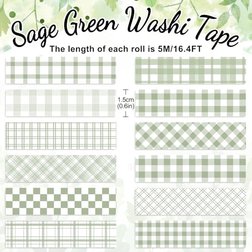 Whaline 12 Rolls Sage Green Plaid Washi Tape Masking Tape Set Pastel Green Gingham Decorative Wrapping Paper Tapes Boxed for Wedding Scrapbook Journal DIY Crafts - style: Plaid