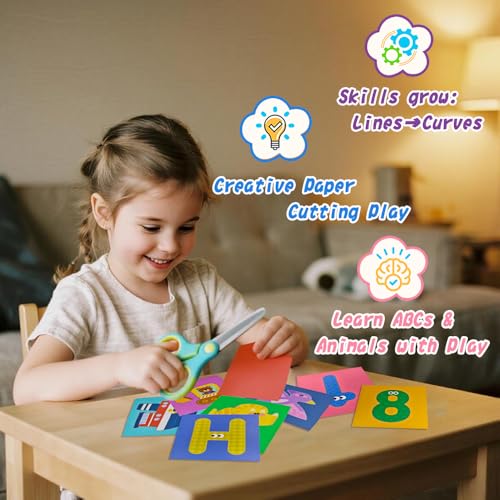 Scissor Skills Activity Book Craft Scissors Set includes Safety Scissor & 80 Colored Cardstock Paper Templates, Safety Scissors for Kids, Colored Cardstock Paper - color: Letter & Animal